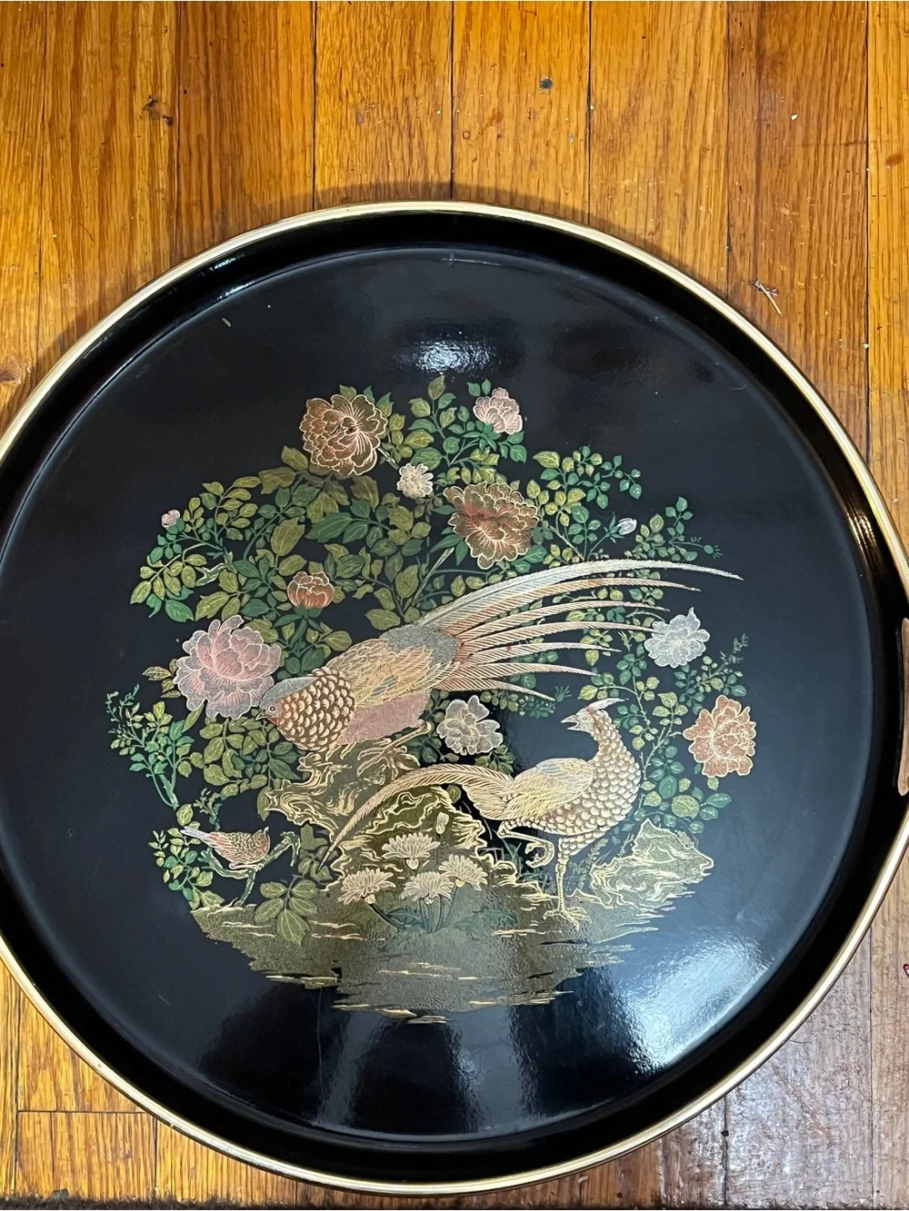 Vintage Japanese Black Lacquer Serving Tray – Peacock & Floral Design – 14” – Ma